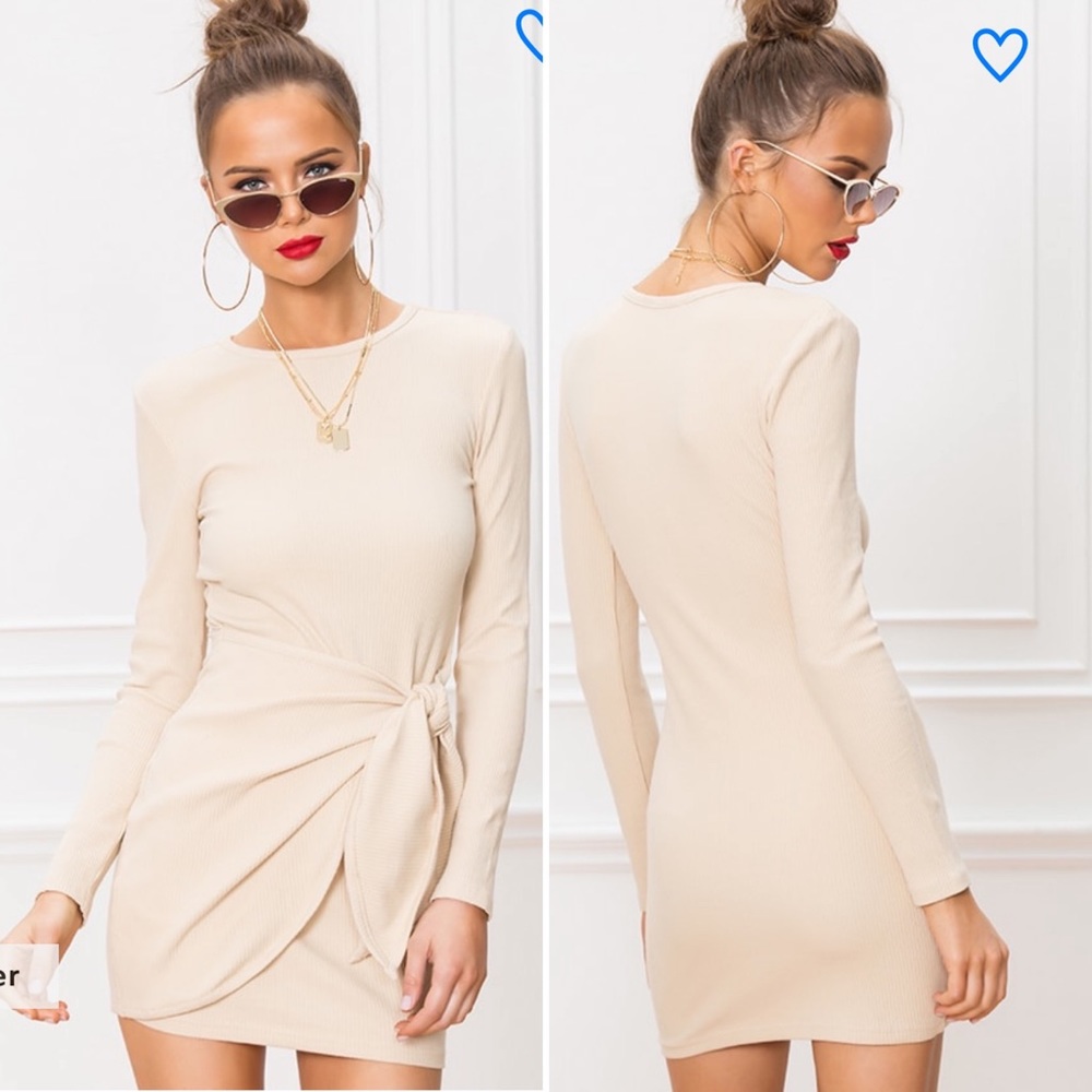 Superdown Dana Dress Tie Front Rib Knit Mini Bodycon in Nude Revolve